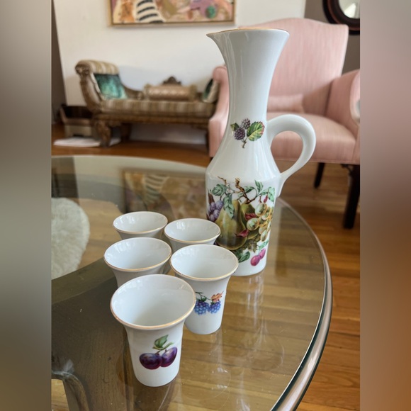 Vintage Naaman Israel Porcelain Decanter Pitcher & 5 Cups (6pcs total)